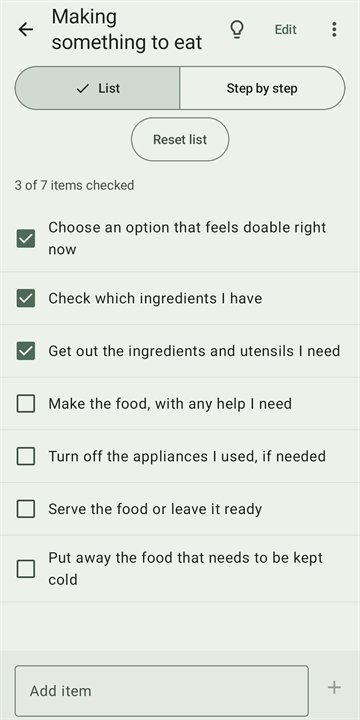 The list “Making something to eat” in list view, with three of seven items checked and the “Reset list” button.