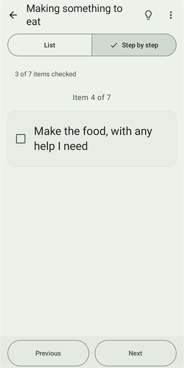 Step-by-step view: “Item 4 of 7”, one large item and the “Previous” and “Next” buttons.