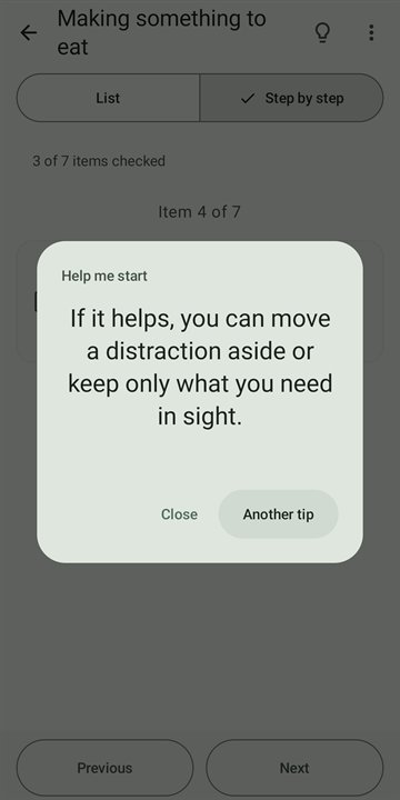 “Help me start” window with the tip “If it helps, you can move a distraction aside or keep only what you need in sight.” and the “Another tip” button.
