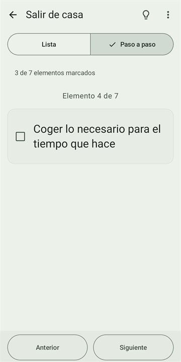 Vista paso a paso: «Elemento 4 de 7», un solo elemento en grande y los botones «Anterior» y «Siguiente».
