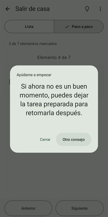 Ventana «Ayúdame a empezar» con el consejo «Si ahora no es un buen momento, puedes dejar la tarea preparada para retomarla después.» y el botón «Otro consejo».