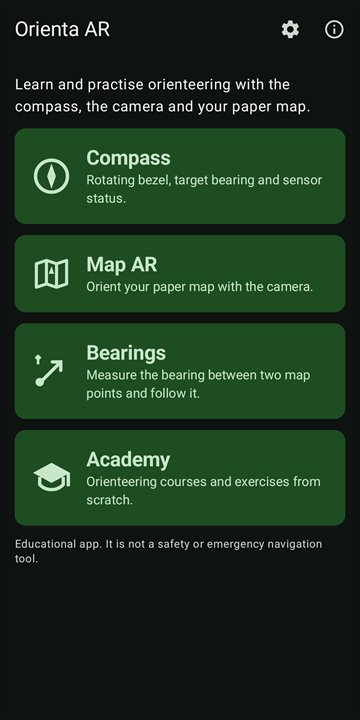 Home screen with the four modes: Compass, Map AR, Bearings and Academy.