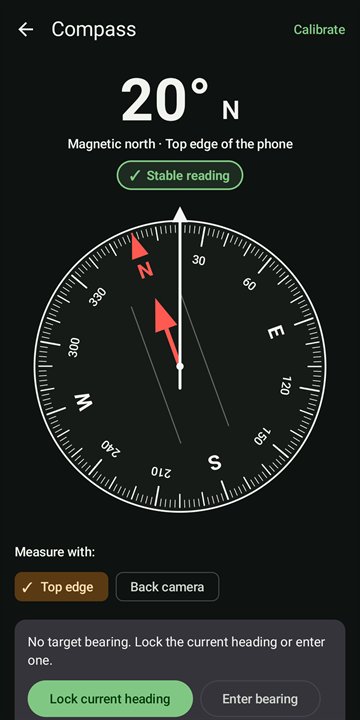 Compass reading 20° north with the “Stable reading” indicator.