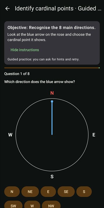 Exercise: choose the cardinal point shown by an arrow on the compass rose.